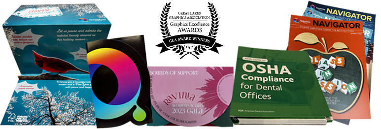 Commercial print samples including packaging, discs, compliance books, and brochures